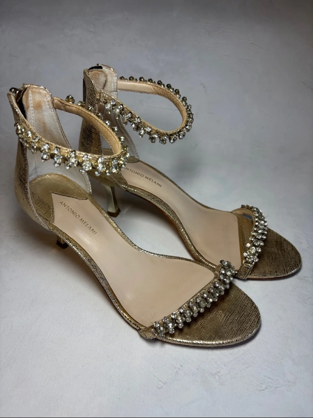 ANTONIO MELANI Gold Rhinestone Ankle-Strap Heels, size 7.5